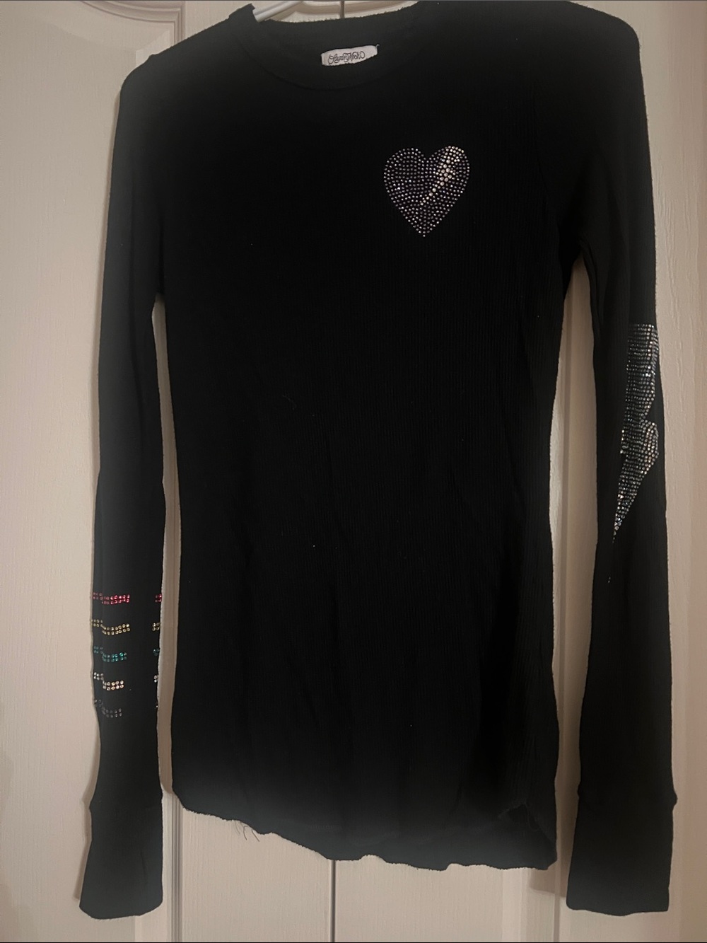 Black Long-Sleeve Ribbed Tee with Rhinestone Heart and Sleeve Accents